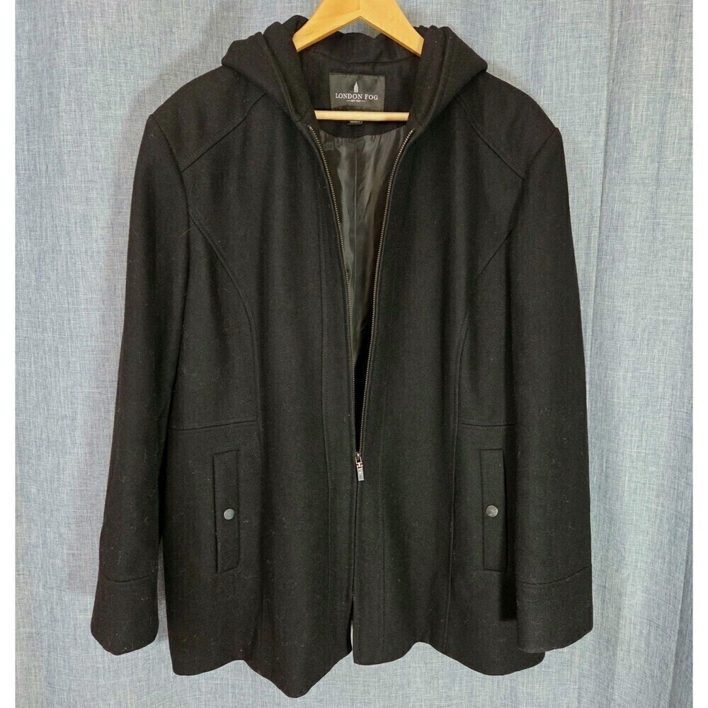 London Fog Hooded Stadium Jacket Wool Blend Women's XXL Lined Black Full Zip